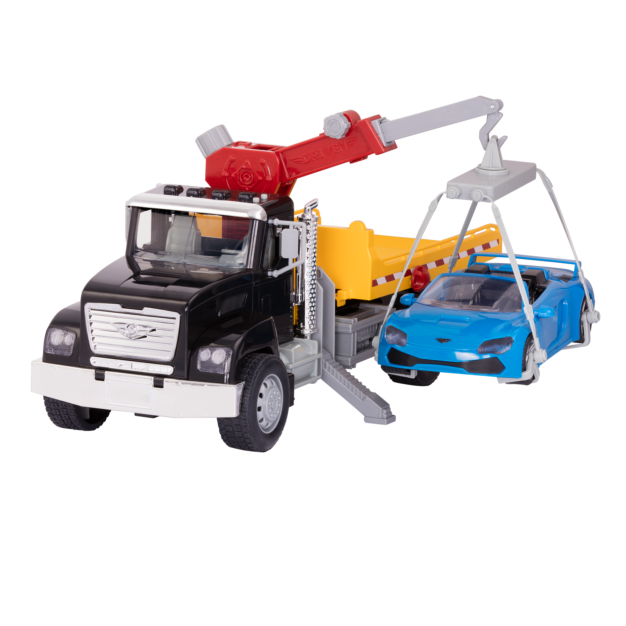 Crane Construction Vehicles for kids with Blippi toy Flatbed Truck